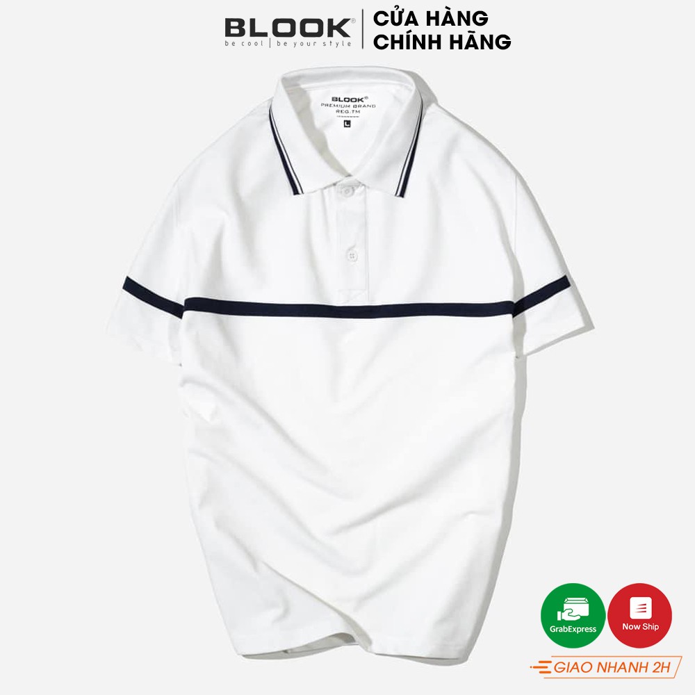 Áo polo nam cổ bẻ vải thun cá sấu cotton co giãn thấm hút  màu trắng sọc đen ngang ngực 33394 - BLOOK