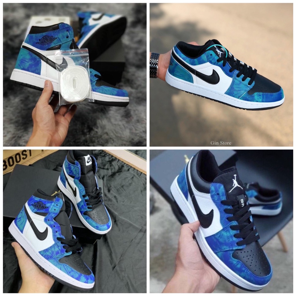 Giày thể thao Jordan cổ cao cổ thấp xanh loang nước biển, giày sneaker JD1 Tie Dye cao cổ thấp cổ nam nữ full bill box