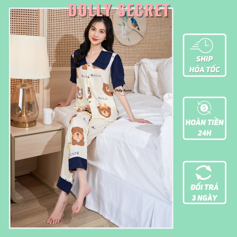 Bộ đồ Pijama mặc nhà áo cộc tay quần dài cổ tròn hình gấu đáng yêu DOLLY SECRET CD01