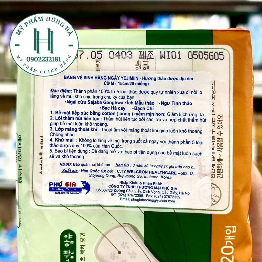 Băng vệ sinh hàng ngày Hàn Quốc YEJIMIIN, 20 miếng/gói, hương thảo dược dịu êm, size M, 15 cm