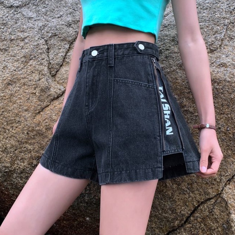 Quần Đùi Denim Lưng Cao Phong Cách Hàn Quốc Cho Nữ 164857 Quần Short Ống Rộng Chữ a Có Khóa Kéo Bên Hông