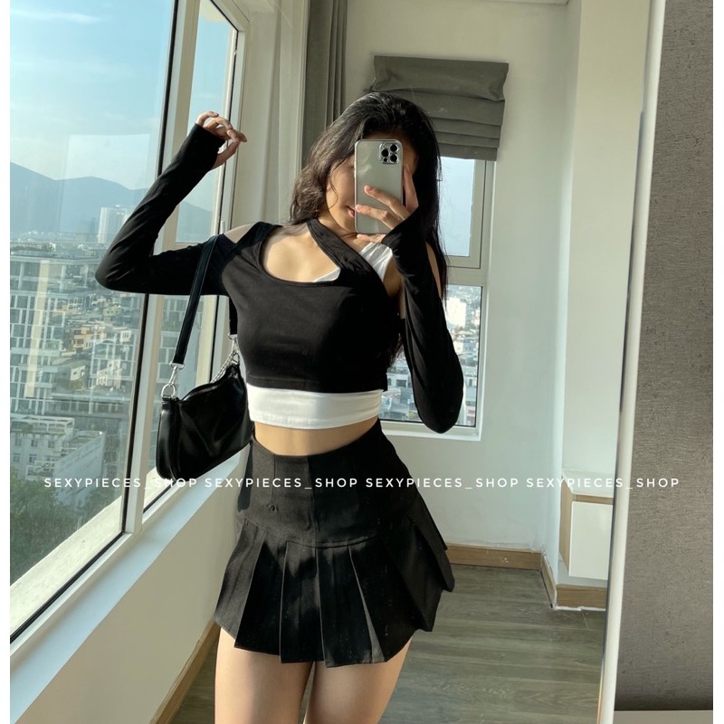 set croptop lệch cổ và chân váy xếp ly | BigBuy360 - bigbuy360.vn