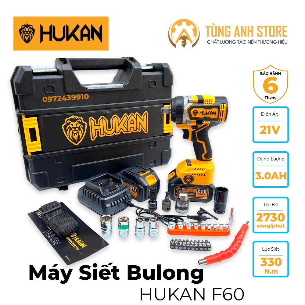Máy siết bulong pin HUKAN F60 lực siết 330nm tặng kèm bộ phụ kiện máy bulong