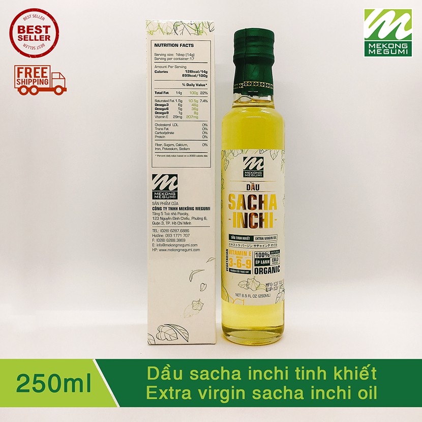 Dầu Sachi (Sacha Inchi) ép lạnh tinh khiết MEKÔNG MEGUMI (Extra Virgin Sach Inchi Oil 46% Omega-3)_ 250ML