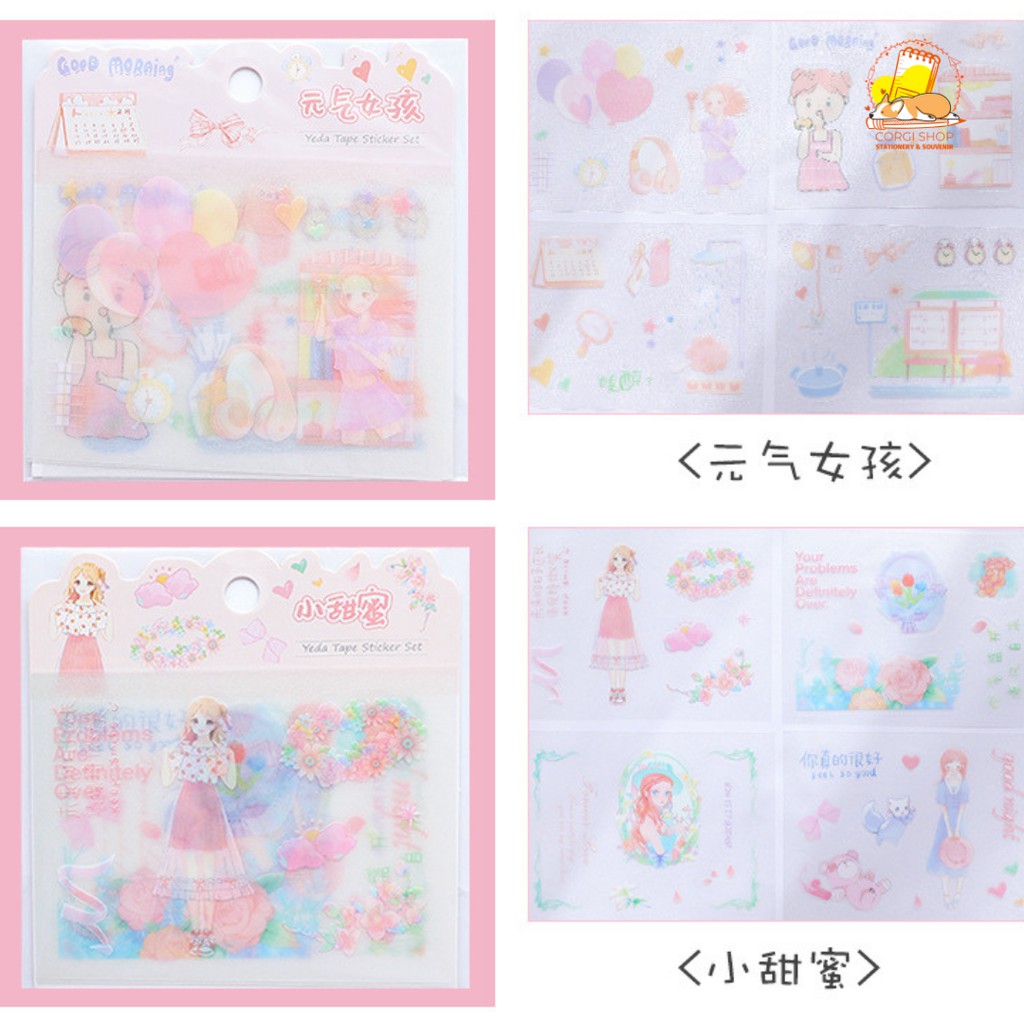 Set 4 tờ sticker dạng washi độc đáo cô gái, công chúa hoạt hình dễ thương - Corgi Shop