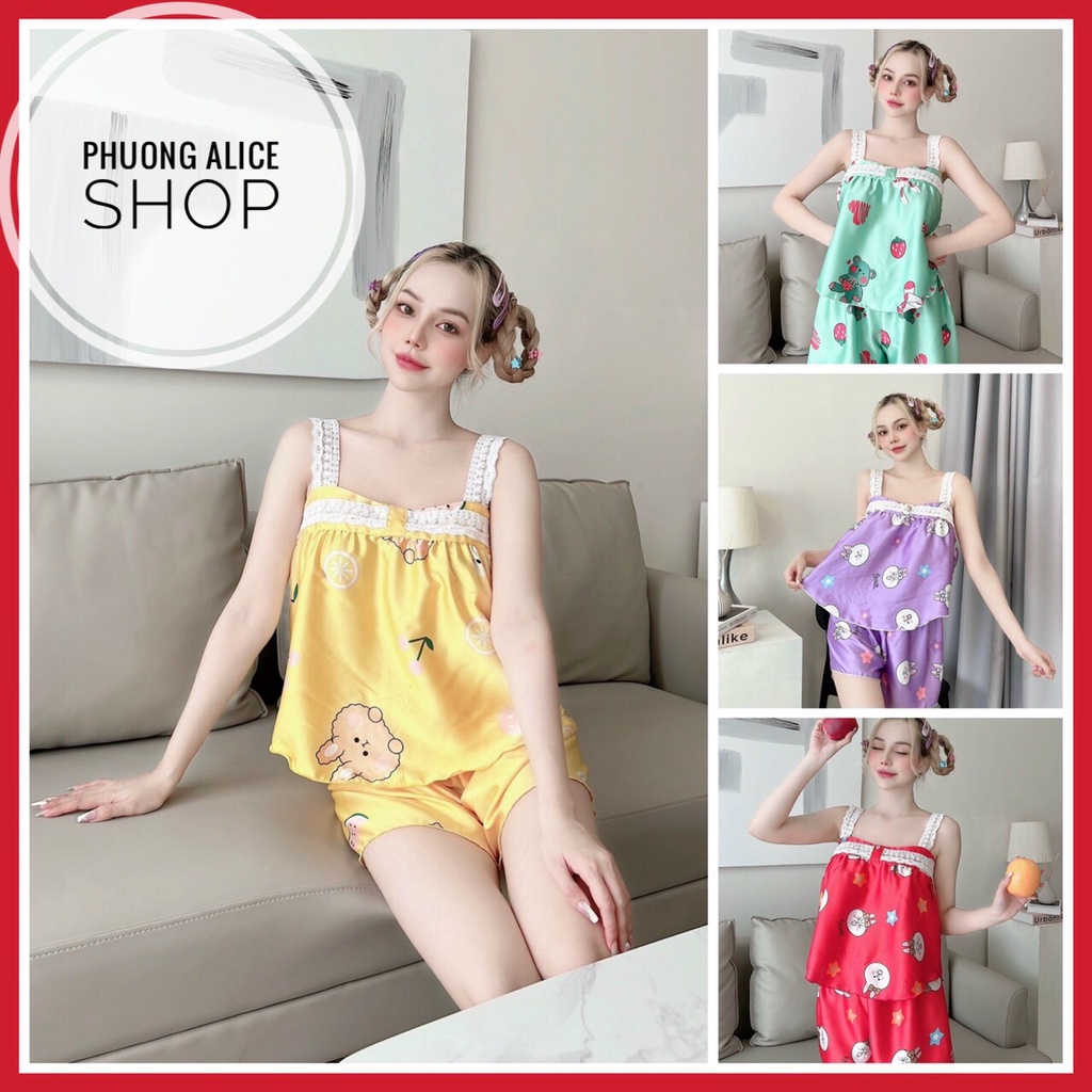 Đồ ngủ nữ đùi mặc nhà, bộ dây satin bản to phối ren- Phuongaliceshop
