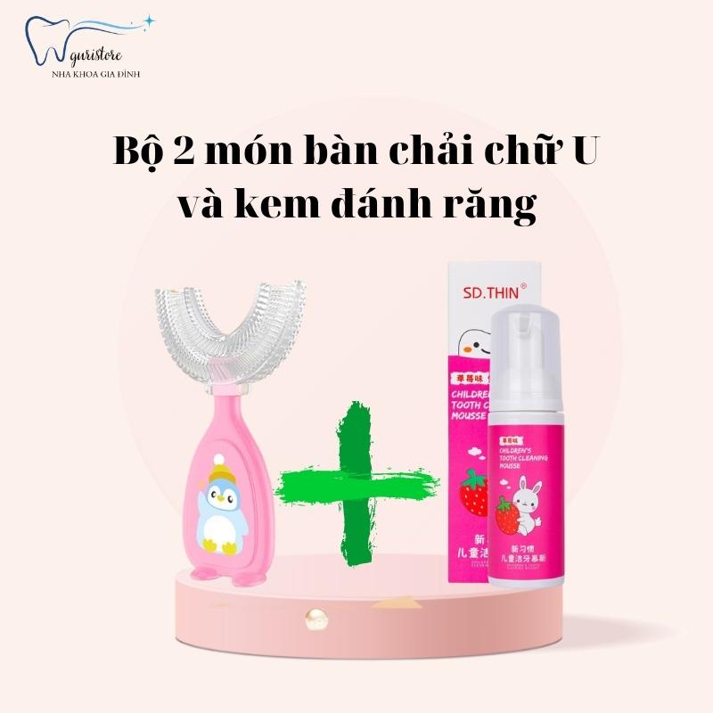 Combo 2 món bàn chải chữ U và kem đánh răng tạo bọt hương vị trái cây cho bé có thể nuốt được cho bé từ 2 đến 12 tuổi