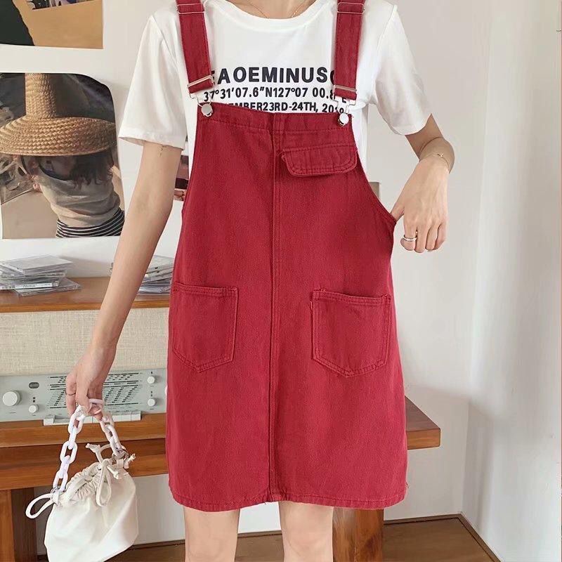 Đầm yếm denim màu trơn dáng rộng phong cách Hàn Quốc thời trang mùa hè cho nữ