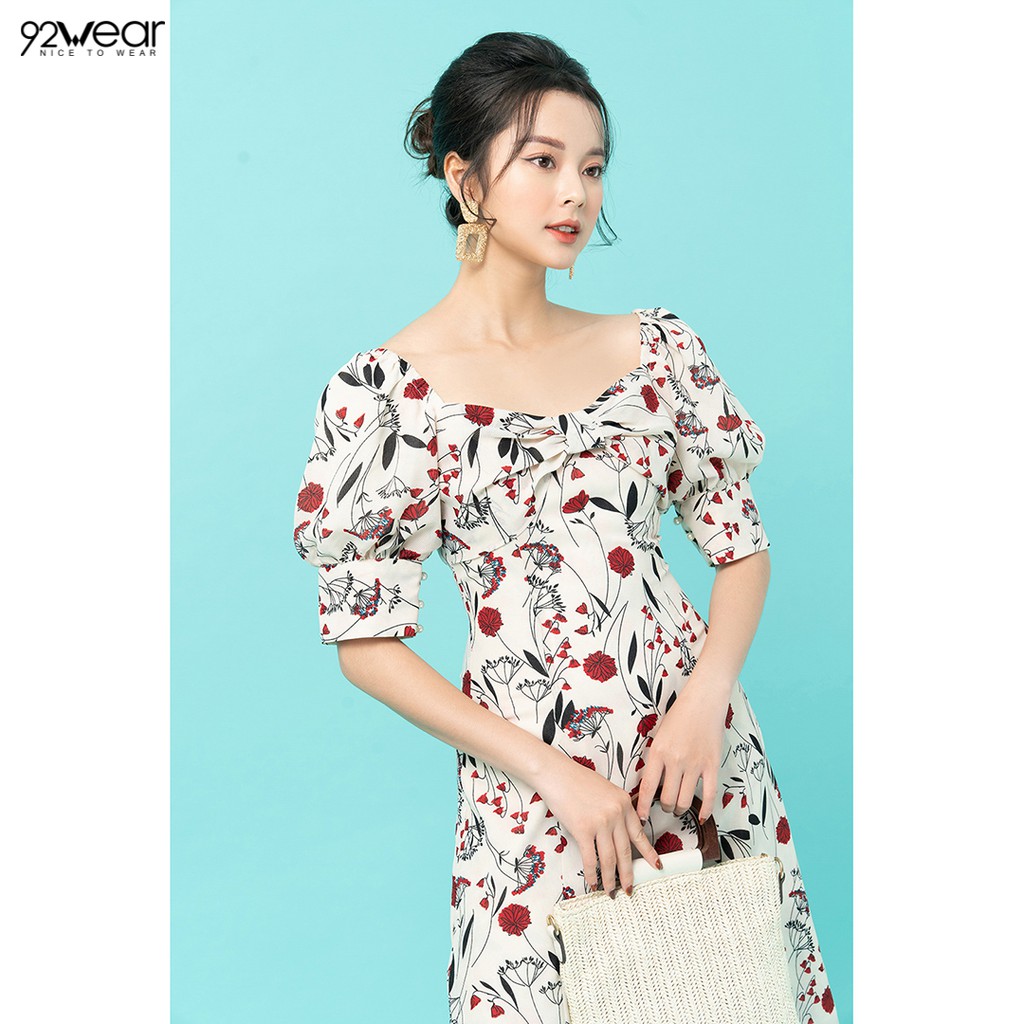 Đầm váy nữ dự tiệc 92WEAR 2 màu, dáng dài cổ vuông nơ ngực DDW1069