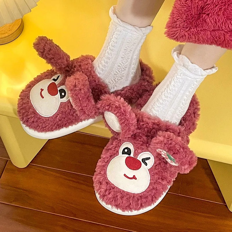 Dép cotton RENBEN đi trong nhà đế mềm chống trượt phối lông nhung họa tiết gấu dâu tây dễ thương cho nữ