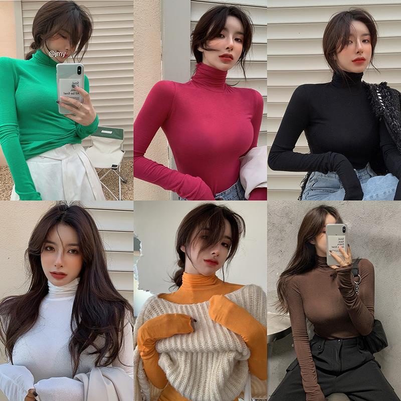 Áo thun COZOK dài tay cổ lọ màu sắc đơn giản cho nữ