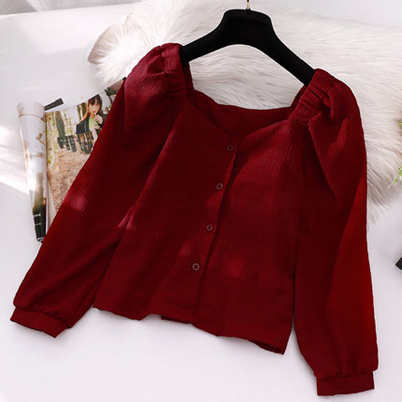 Ladies retro temperament blouse square collar bubble long sleeves