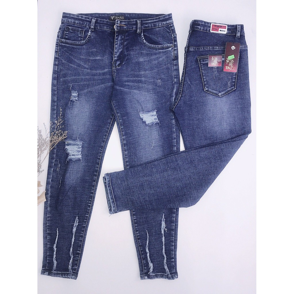 Quần jean dài 9 tấc lưng cao, co dãn mạnh, tua lai 3859