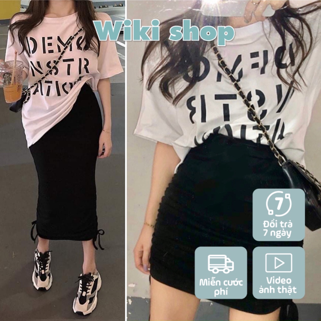 Set áo thun ATION mix chân váy chân vát dây rút mặc được 2 kiểu - Set bộ đồ nữ mix sẵn chất thun freesize