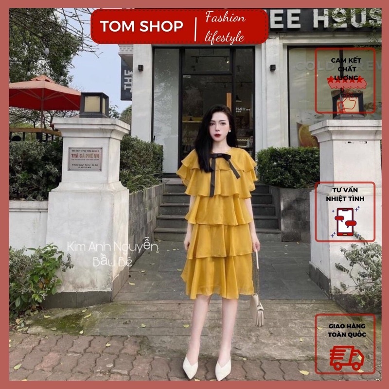 Váy nữ voan tơ cổ nơ xếp tầng sang chảnh màu vàng