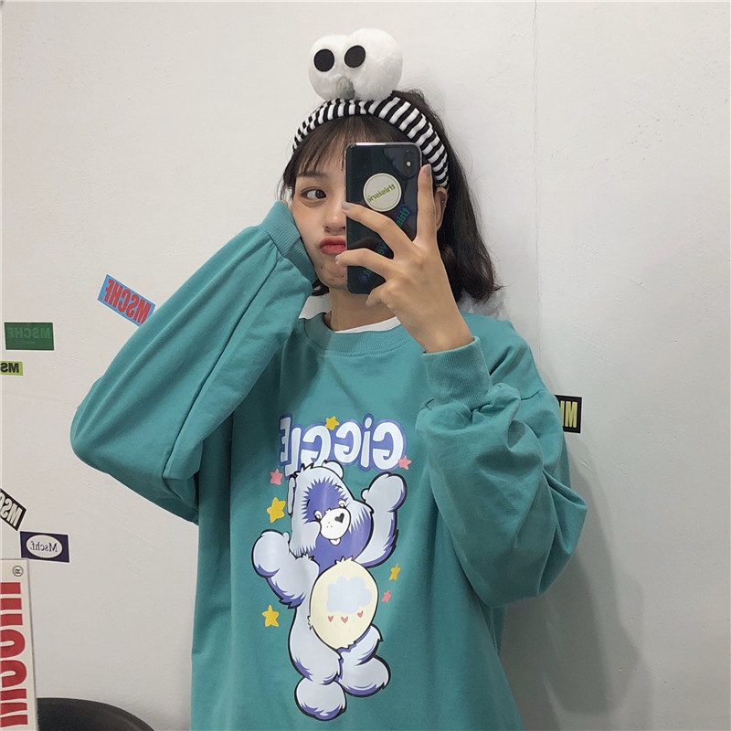 Áo sweater tay dài cổ tròn in họa tiết gấu hoạt hình phong cách Hàn Quốc thời trang thu đông cho nữ 2021