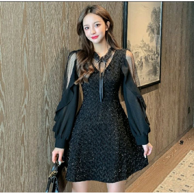 (HÀNG ORDER) Đầm dạ phối lưới ở tay kèm ảnh thật