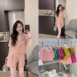 Set Đồ Nữ Ms.1205 Áo Cổ Vest Dáng Suông Tay Lửng, Phối Quần Short Xếp Ly Ống Rộng, Chất Đũi Linen Sịn Sò