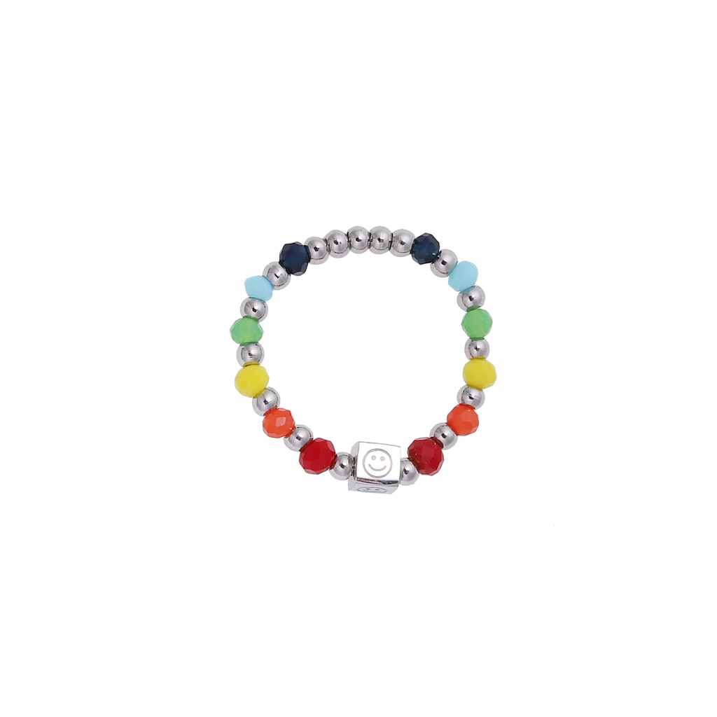 Nhẫn nữ titan kiểu xâu chuỗi bi tròn và thủy tinh màu sắc mặt cười trái tim không gỉ WE2209