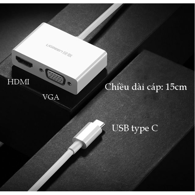 Bộ chuyển đổi USB Type C sang HDMI và VGA dài 15cm UGREEN MM123