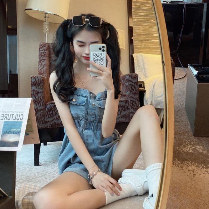 Jumpsuit yếm jeans áo 2 dây dính liên thân quần short ngắn ulzzang ( 2 màu )