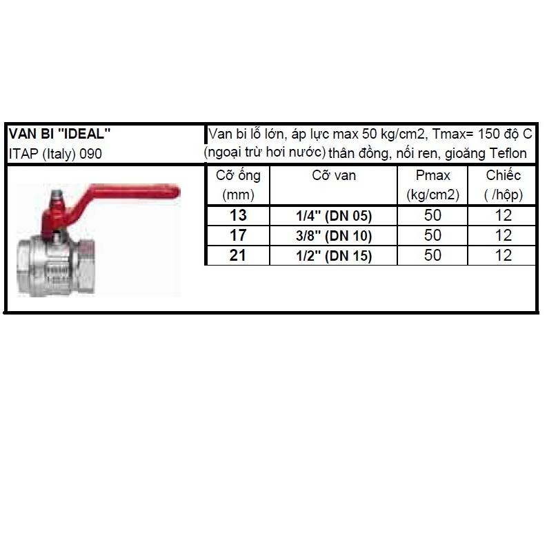 Van bi đồng ren Itap.090 Italy phi 13 phi 17 phi 21 áp lực 50kg