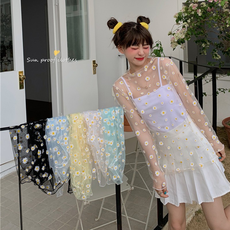 Áo T-shirt dạng lưới in hình hoa cúc nhỏ thời trang mùa hè dành cho nữ