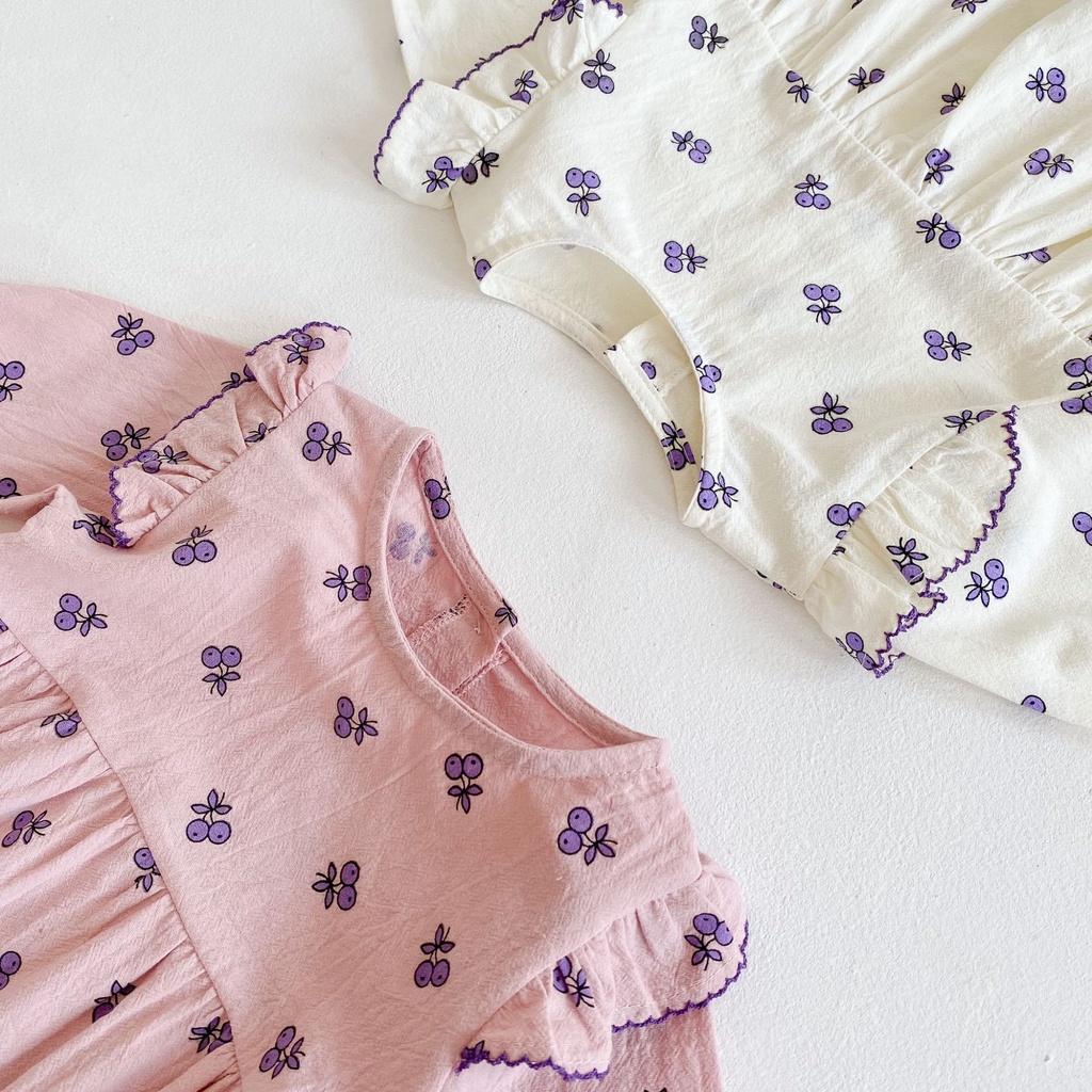 Bộ Áo Liền Quần Dài Tay Họa Tiết Quả Cherry + Mũ Đáng Yêu Cho Bé Sơ Sinh