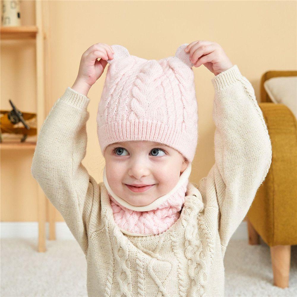 Set Mũ Len Kèm Khăn Choàng Cổ Dày Dặn Chống Gió Cho Bé 0-3 Tuổi