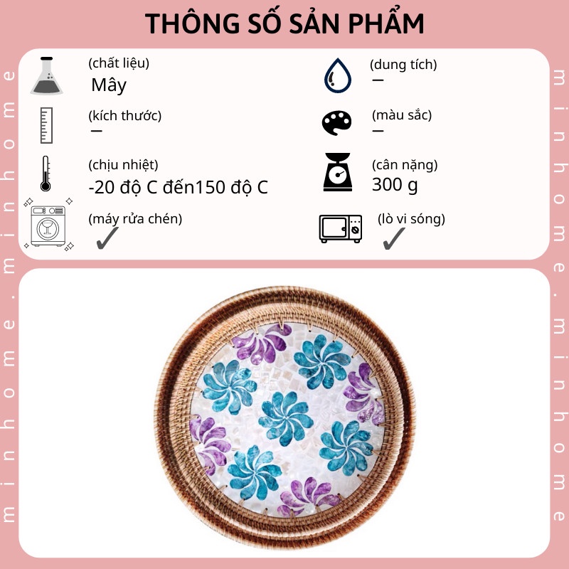 Khay mây tre đan khảm trai hình tròn cao cấp, đựng đồ đa năng hàng thủ công xuất khẩu Decor trang trí nhà Minhome
