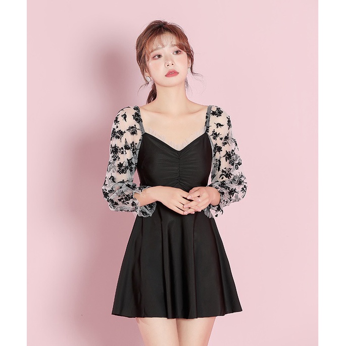 Bộ đồ bơi nữ liền dáng váy tay ren thắt nơ lưng siêu xinh