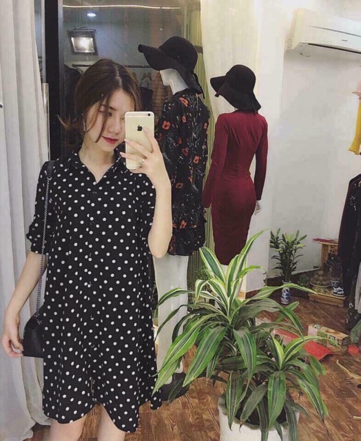 Váy sơmi chấm bi dáng suông