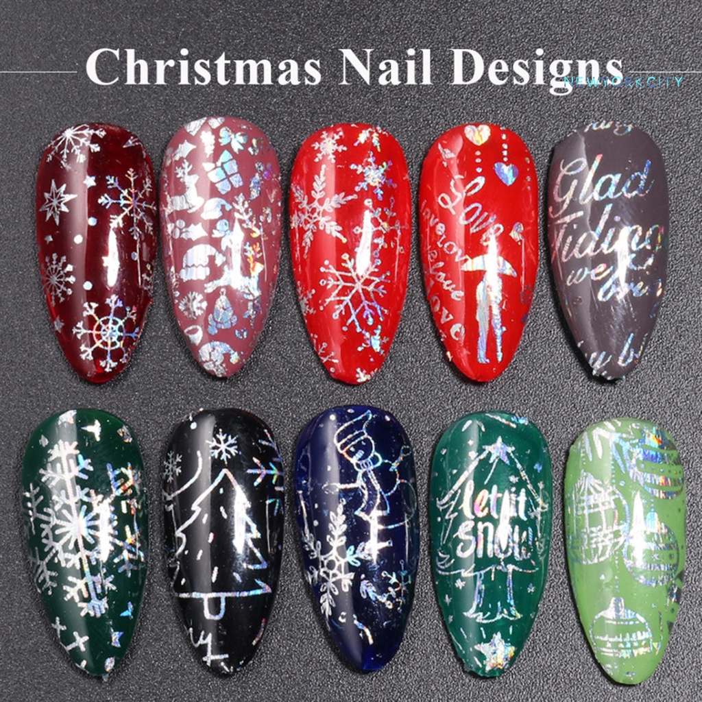 Set 10 Miếng Dán Móng Tay Siêu Mỏng Không Phai Họa Tiết Giáng Sinh Lấp Lánh