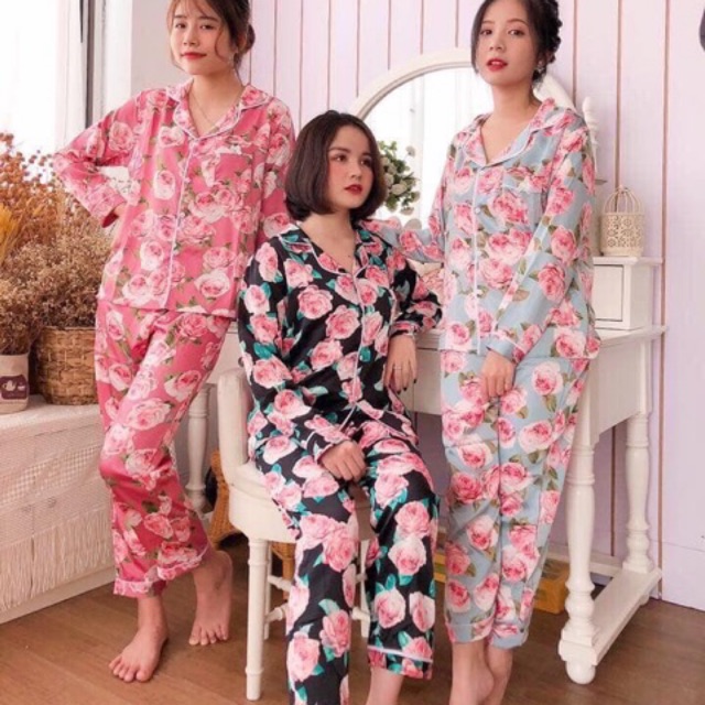 Bộ ngủ pijama lụa dài tay quần dài