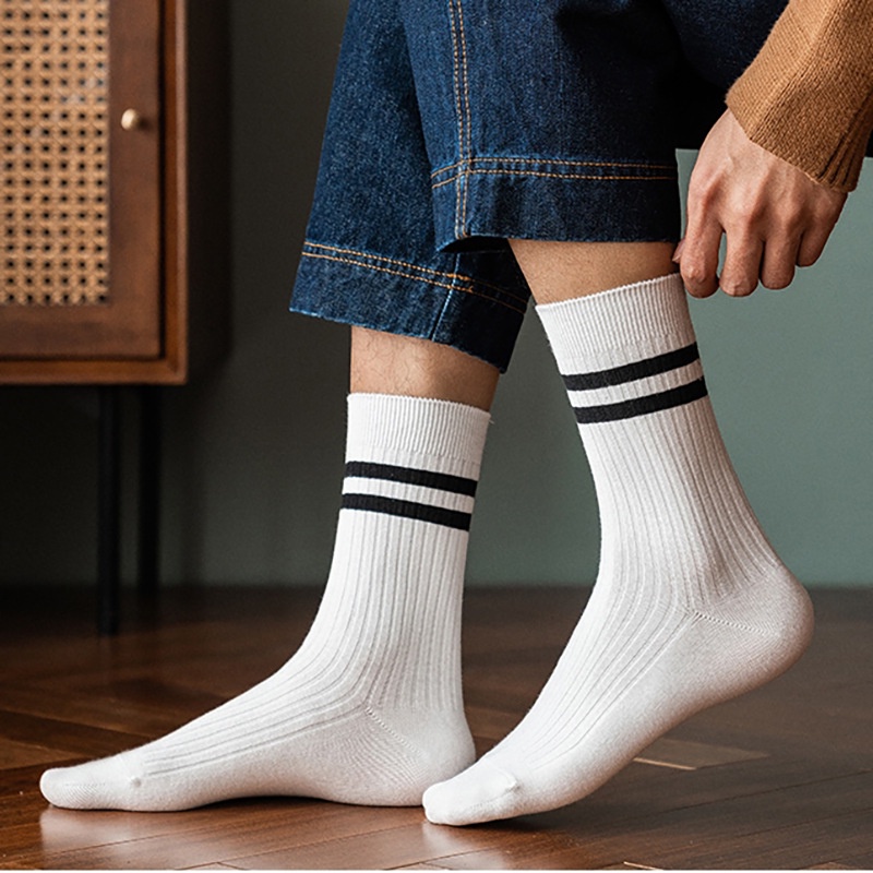 Tất vớ cotton nhún cổ cao unisex kẻ ngang phong cách vintage Nhật Bản dành cho nam nữ YR OUYOU