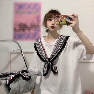 Áo Thun Ngắn Tay Phối Khăn Choàng Cổ Phong Cách Hàn Quốc