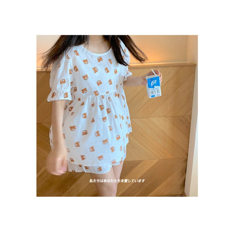 Bộ Đồ Ngủ Ngắn Tay Dáng Rộng In Hình Gấu Hoạt Hình Dễ Thương Dành Cho Nữ