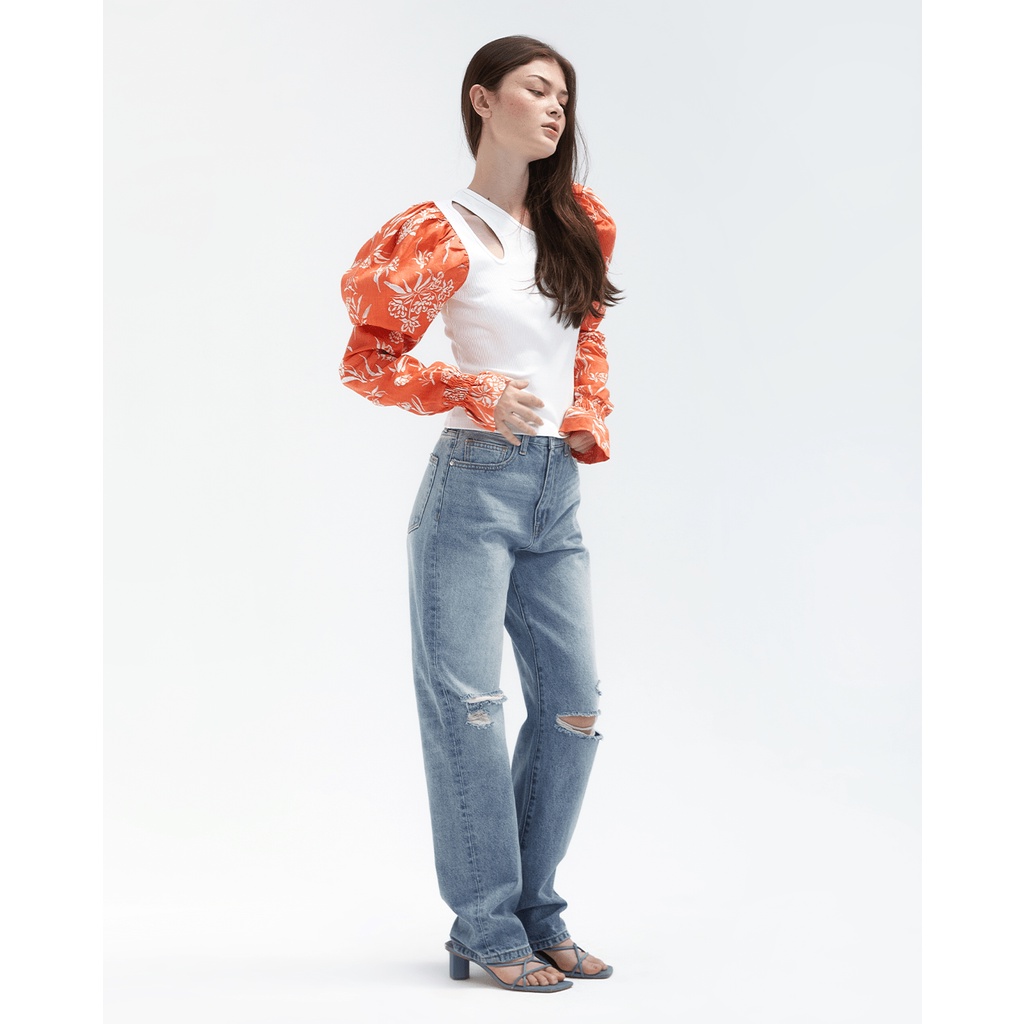 TheBlueTshirt - Áo Kiểu Nữ Tay Phồng Hoạ Tiết In Hoa Cam - Maia Top - Orange Sleeve