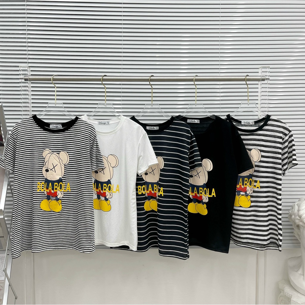 28021. Áo thun nữ tay ngắn in hình gấu mùa hè, áo phông chất cotton giấy mỏng form vừa