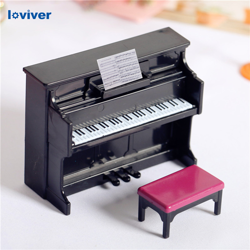 Loviver Mini Piano with Stool Kids for 1/12 1/6 Doll House Decoration Play Toys