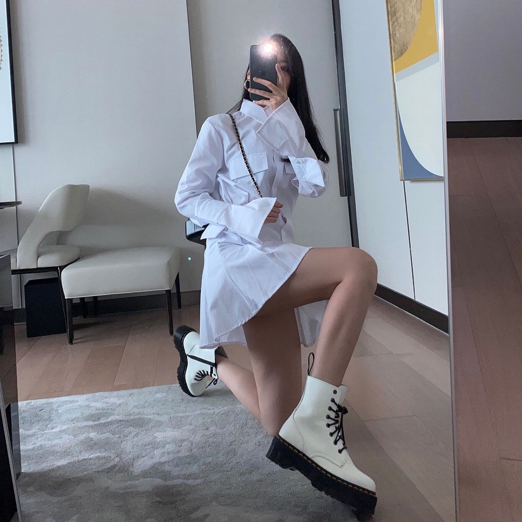 Váy trắng sơ mi thiết kế xếp li cổ nhọn thời trang Becky