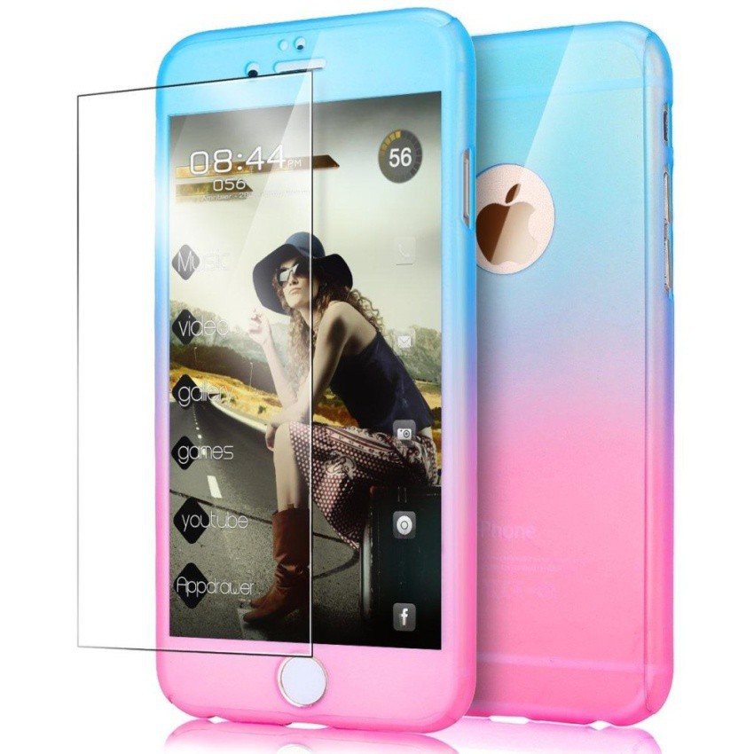 Ốp lưng PC cứng 360° 3 trong 1 bảo vệ toàn diện màu gradient cho iPhone 6 Plus/6s Plus kèm kính cường lực