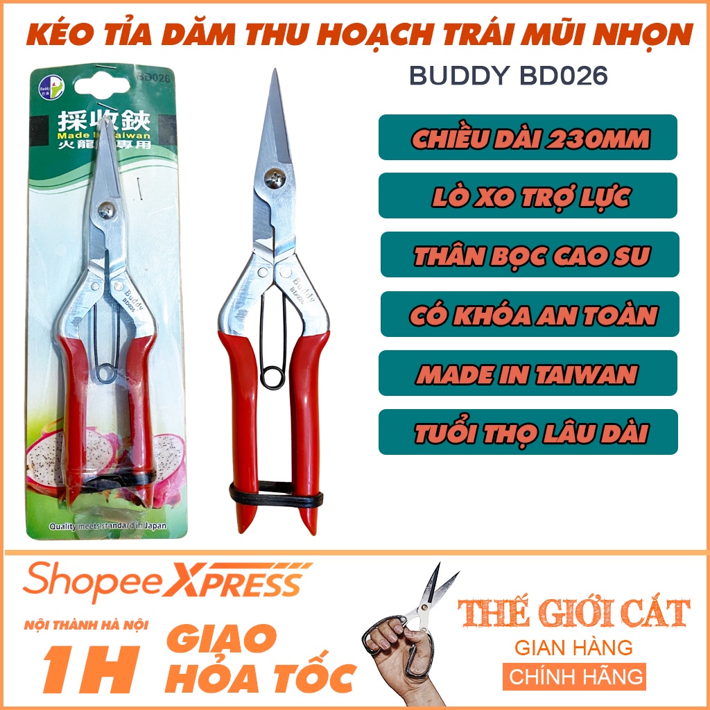 Kéo tỉa nhọn, tỉa dăm Đài Loan BUDDY BD026 chuyên bonsai, cắt thanh long dài 230mm có lò xo trợ lực, tay cầm bọc nhựa