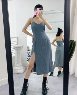 Đầm 2 dây sọc xanh xẻ tà