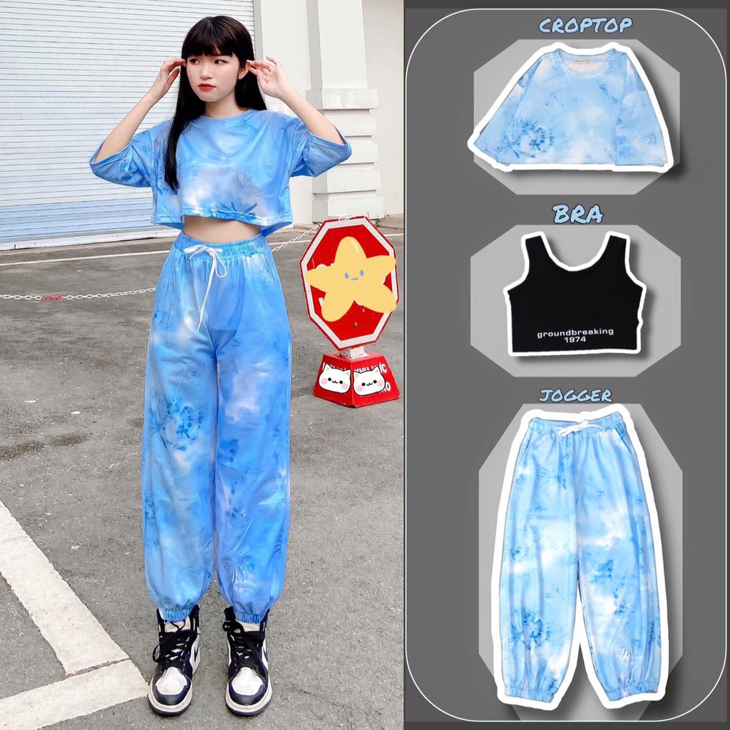 Set Bộ Áo Croptop Loang Màu Kèm Bra Phối Quần Jogger 3D Bo Lai Dáng Rộng - MM