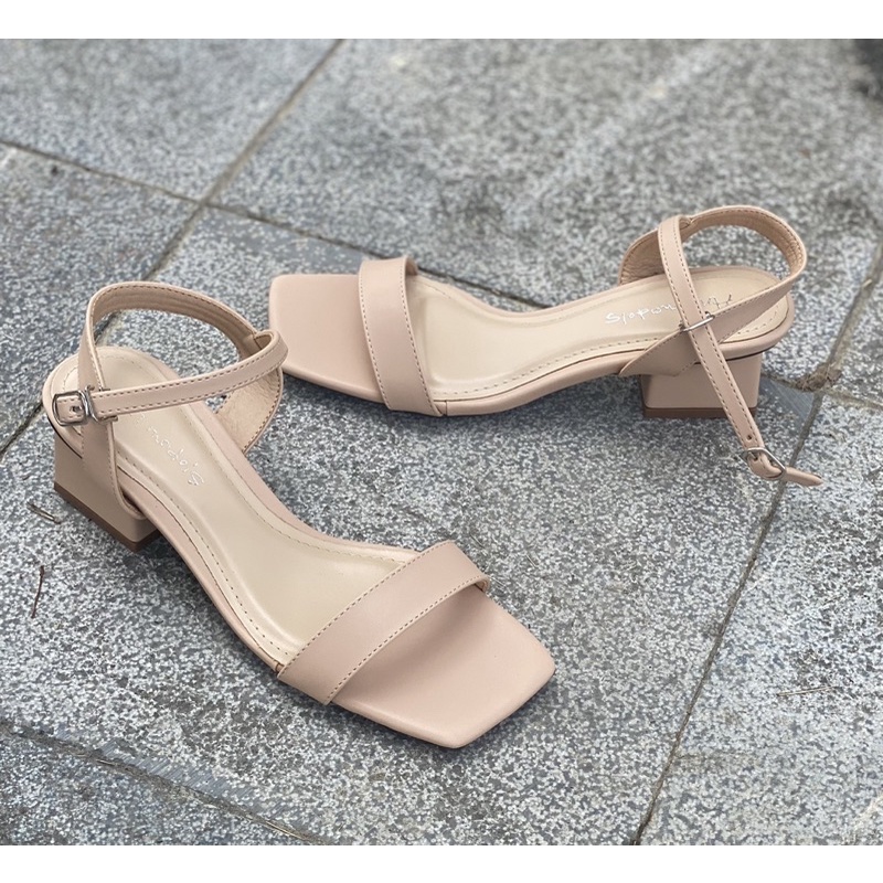 Giày sandal cao gót  nữ 4 phân mũi vuông gót vuông phối quai ngang chất liệu da lì kiểu dáng Hàn Quốc Annmodels _SD22