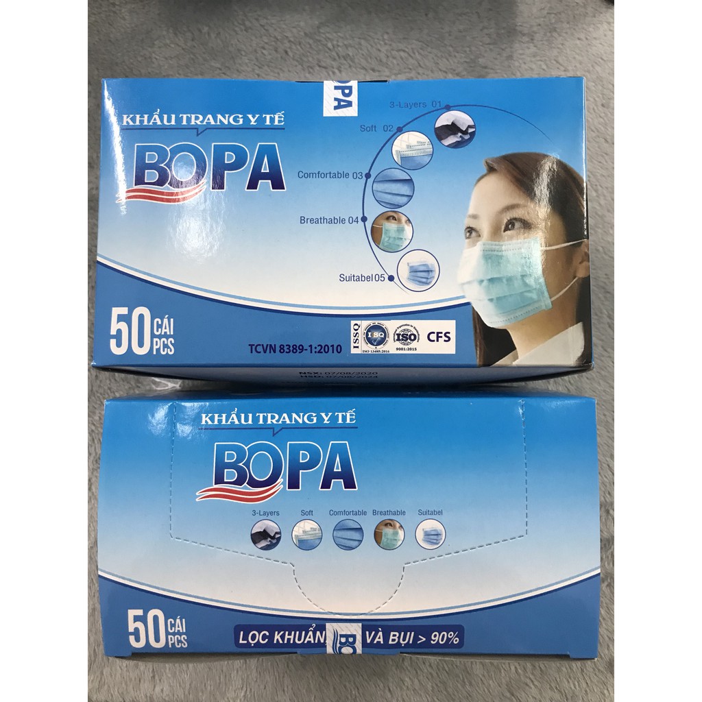 Hộp 50 khẩu trang y tế màu Xanh 4 lớp kháng khuẩn Bopa | BigBuy360 - bigbuy360.vn