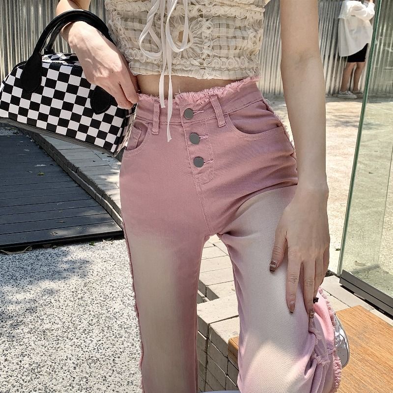 Quần Jeans Lưng Cao Ống Loe Màu Hồng Thời Trang Cho Nữ