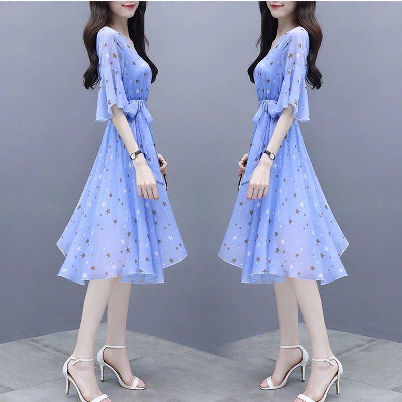 Đầm tay lửng in họa tiết ngôi sao kiểu dáng thanh lịch cho nữ