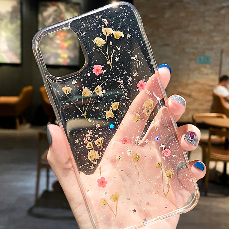 Ốp Điện Thoại Silicon Epoxy Mềm Trong Suốt Phối Hoa Khô Dành Cho iPhone 14 13 12 11 Pro Max X XR XS 7 8 Plus SE 2020 6 12